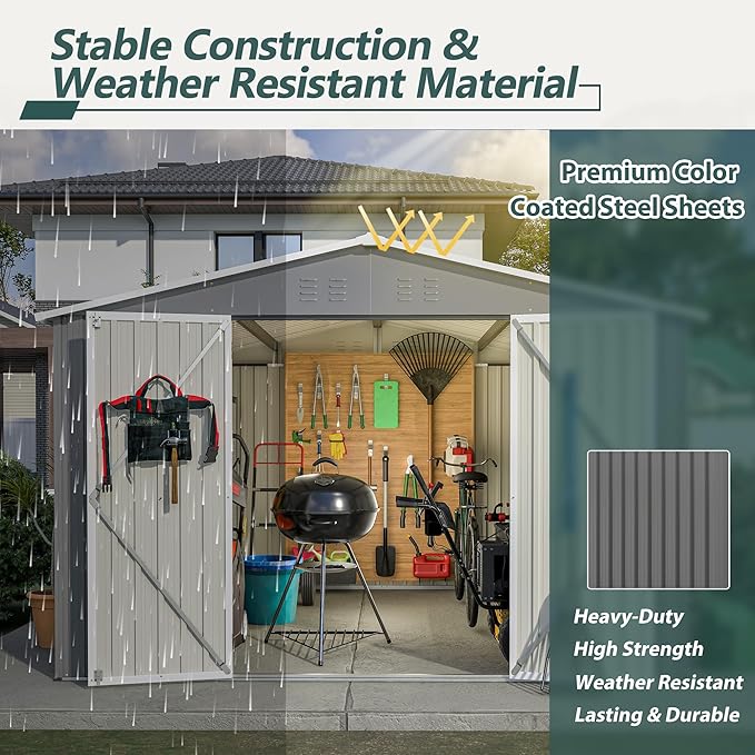 10x10 FT Outdoor Storage Shed, Large Metal Garden Shed with Lockable Hinged Doors, Outside Tool Shed with Sloped Roof & 4 Air Vents, Waterproof Storage Building for Backyard, Patio, Lawn, Gray