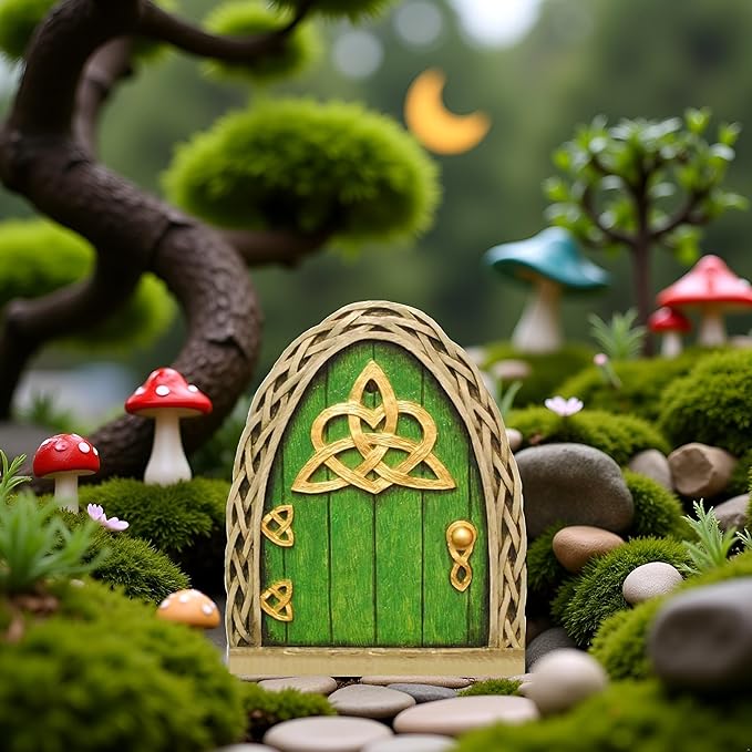 Green Mini Fairy Garden Door for Tree, 3D Miniature Fairy Door for Fairytale Tiny House Doors, Bonsai Terrarium Micro Landscape Decoration Accessories Garden Miniatures