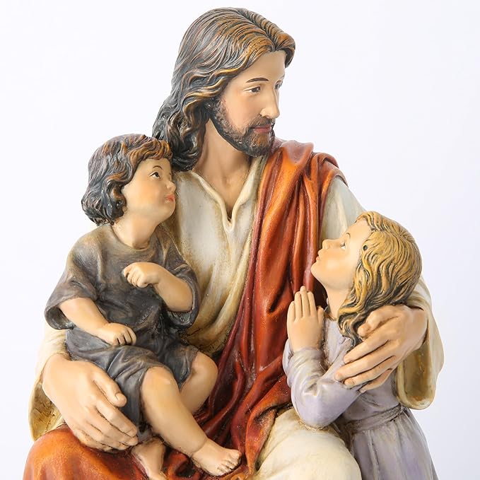 BC Catholic Jesus with Children Statue, Religious Figure, Inspirational Indoor Home Decor, Devout Gift for Child Baptism, 8.8" H, Renaissance Sculpture Handmade by Buildclassic