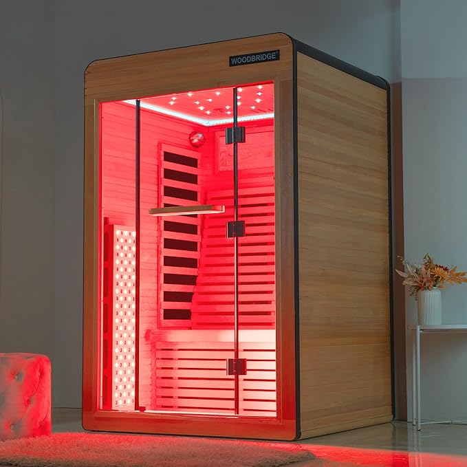 Woodbridge Infrared Home Sauna Room 2 Person Hemlock Wooden Indoor Sauna,7 Carbon 2230W/120V Heaters,with Led Color Therapy Light,Bluetooth Speaker,Tempered Glass,Touch-Tone Keypad and A Top Vent