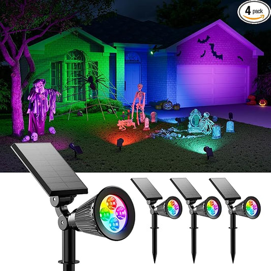 4 Pack Color Change Halloween Solar Spot Lights Outdoor Multicolor Waterproof Landscape Flood Lamp for Holiday Decorative, Skeletons, Spider Web, Bat, Statue, Ambient Lighting for Yard, Garden, Patio