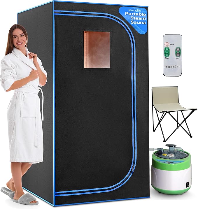 SereneLife Portable Steam Sauna for Home with 4L Steamer, Folding Chair, Remote Control, 9 Heat Levels, Compact Indoor Sauna Tent, Personal Spa, 71" x 35