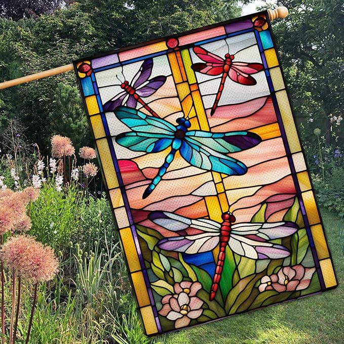 Spring Summer Dragonfly Garden Flag Stained Glass Style Flowers Garden Flag Vertical Double Sided Rustic Farmland Burlap Yard Lawn Outdoor Decor 28x40"