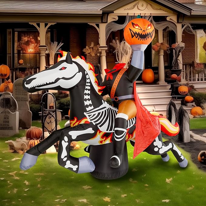 WBHome 9 Ft Halloween Inflatable Headless Horseman Outdoor Decorations, Day of The Dead Blow Up Yard Decor with Built-in LED Light (Plug in) for Lawn Home Dia de Los Muertos Party Indoor Outdoor