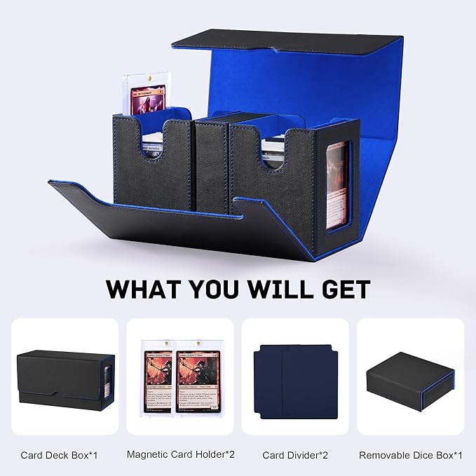 Trading Card Deck Box with Commander Display，3 in 1 MTG Storage Holds 200 Double-Sleeved Cards，2 Deck Boxes & Dice Tray Included，Fits MTG, TCG, PTCG & Sports Cards