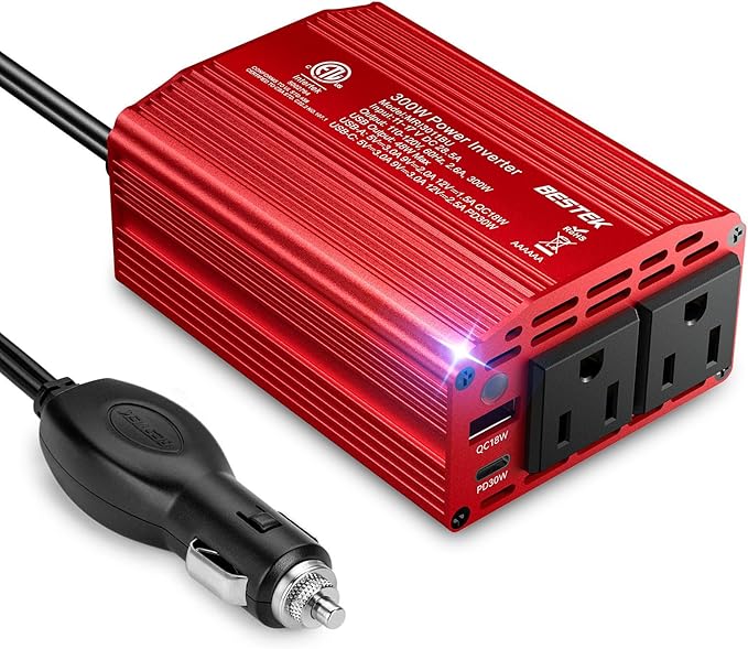 BESTEK Power Inverter DC 12V to AC 110V - 300W Car Plug Adapter Outlet with PD30W Type C & 18W USB A Port - Car Charger Cigarette Lighter Adapter for Phone, Laptop on Road Trip - Aluminum Housing