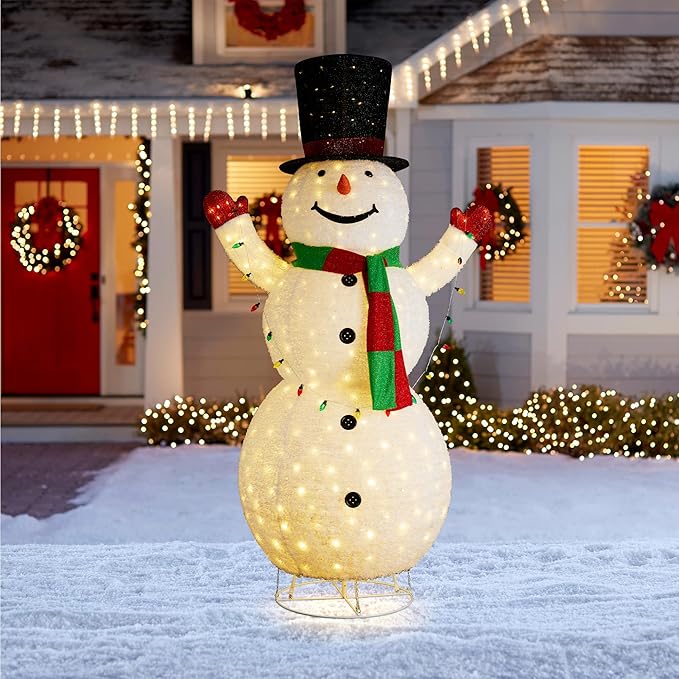 Glitzhome 8FT Giant Lighted Christmas Snowman, Large Foldable White Outdoor 3D Christmas Holiday Snowman Decoration w/ 430 LED Lights, Hat, Scarf, Multicolored Lights