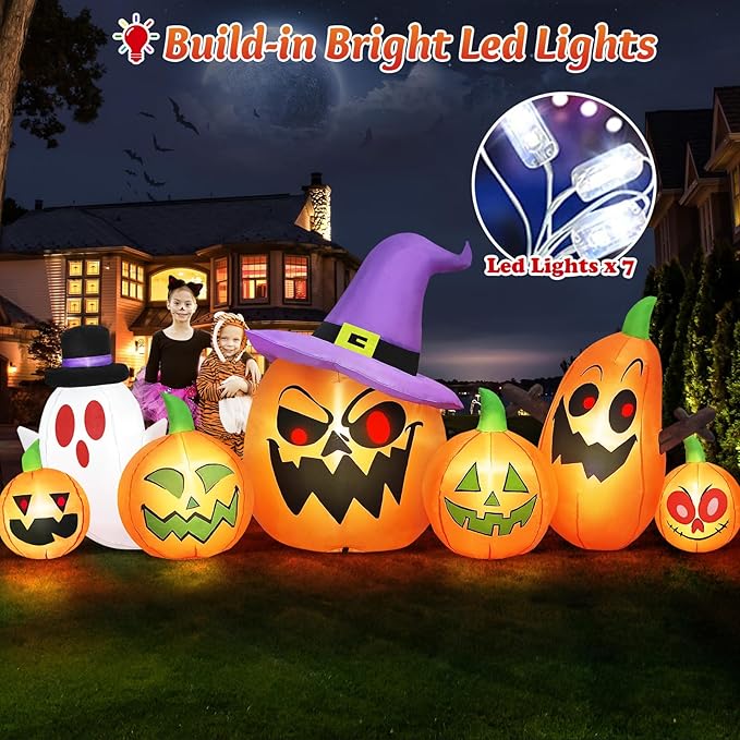 Danxilu 8FT Long Halloween Inflatables Outdoor Decorations, Haunted Inflatable Pumpkins with Witch Hat & Ghost Combo Blow Up Yard Decoration Built-in LEDs Lighted for Lawn Garden Outside Indoor Decor