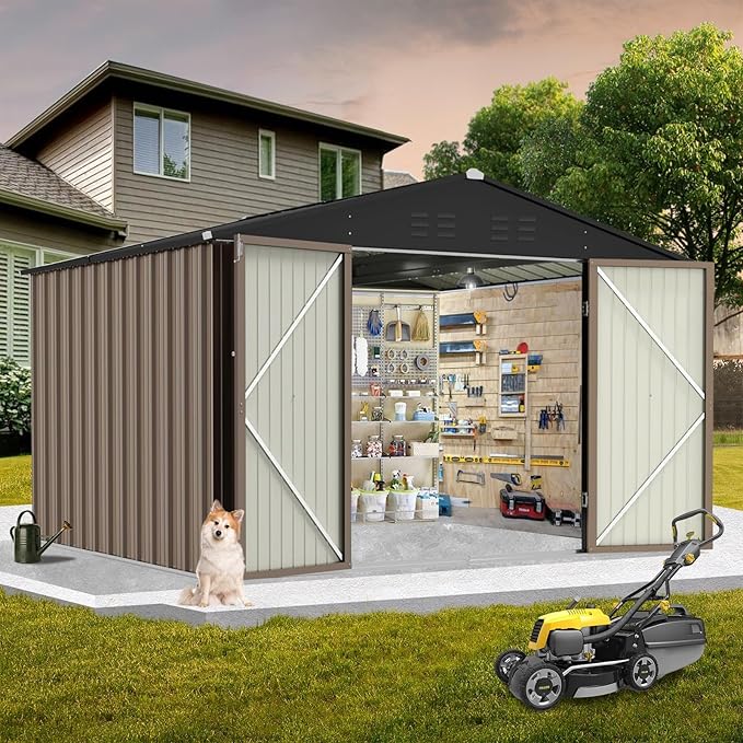 8X8FT Metal Outdoor Storage Shed - Galvanized Steel Waterproof Garden Shed with Lockable Doors & Vents, All-Weather Utility Tool Shed for Lawn Mower, Bike