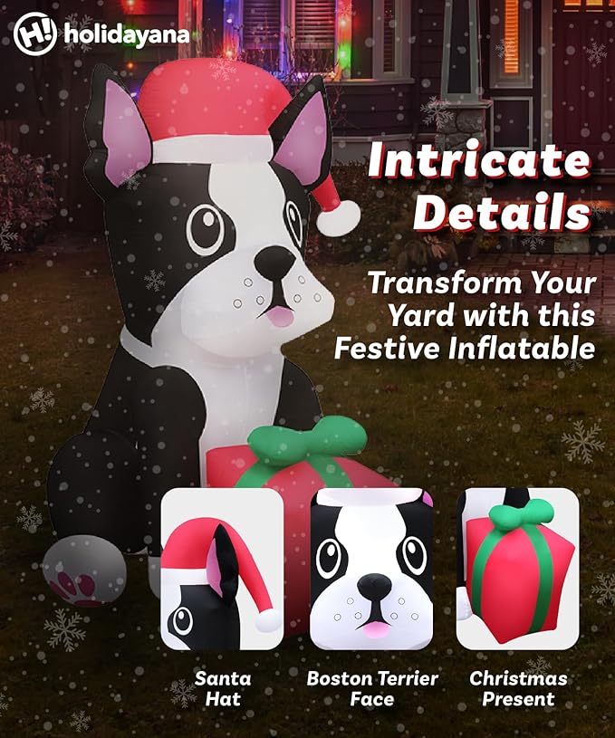Holidayana Christmas Inflatables Large 5ft Tall Boston Terrier Dog with Gift - Inflatable Outdoor Christmas Decorations Blow Up X-mas Decorations for Yard, Lawn & Garden Internal Lights & Built-in Fan