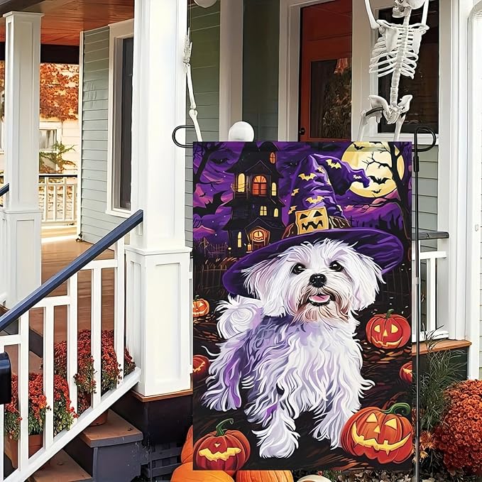 Halloween Decorations Outdoor Garden Flag 12x18 Inch Double Sided Maltese Dog Witch Hat Pumpkin Fall Decor Yard Lawn Porch Patio Halloween Garden Flags