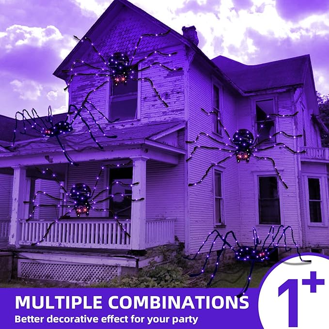 EAMBRITE Halloween Decorations Outdoor 5FT Bendable Scary Giant Spider with 83LT Purple Lights Black Fake Spider for Halloween Indoor Outdoor Yard Home Parties Creepy Décor