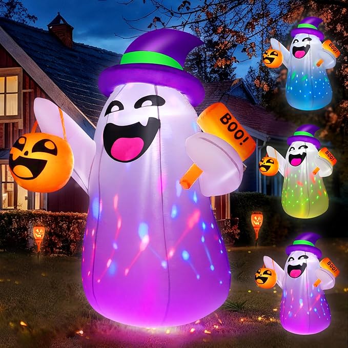 5FT Halloween Inflatables Ghost Built-in Colorful Flashing LED Lights, Cute Halloween Decorations Outdoor with Pumpkin Boo, Blow Up Yard Decorations for Indoor Yard Party (1PCS)