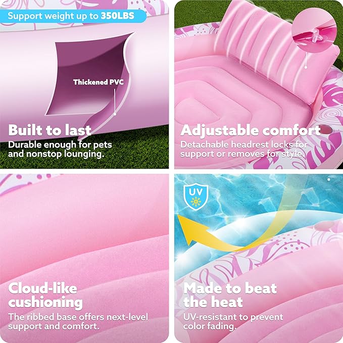 SLOOSH Inflatable Tanning Pool Lounger Float,72" x 65" Pool Floats Adult with Pillow,Luxury Fabric Large Suntan Tub Raft Floatie,Sunbathing Bed Lounge for Water Blow Up Kids Ball Pit Party Gifts,Pink