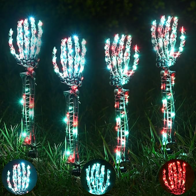 Halloween Lighted Skeleton Hands Set, 4 Pack Light Up Skeleton Arm Stakes, 4 x 3m 240 LED Green & Red Lights with 3 Modes, Realistic Halloween Yard Outdoor Decorations Graveyard Garden