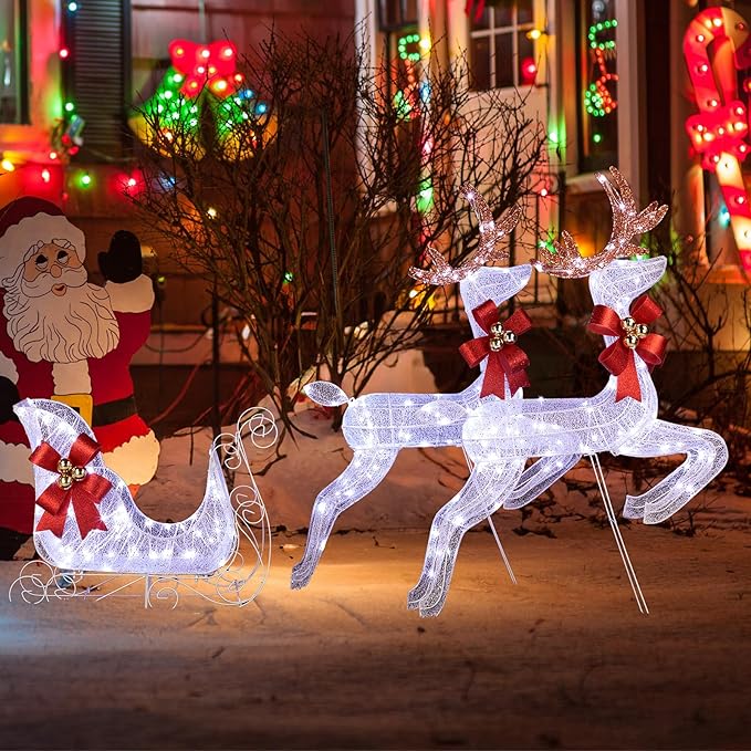 Christmas Decorations: Lighted Reindeer & Sleigh Outdoor Display, Multicolor, 270 LED Lights, Weatherproof, Easy Assembly