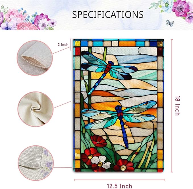 Spring Summer Dragonfly Garden Flag Glass Style Flowers Garden Flag Vertical Double Sided Rustic Farmland Burlap Yard Lawn Outdoor Decor 12.5x18"