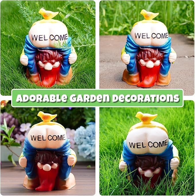 Solar Garden Statues Lights, 8.5" Cute Outdoor Gnome Figurine with Auto On/Off for Yard Patio Decor, Gifts for Women, Grandma, Mom, Housewarming (Welcome Gnome)