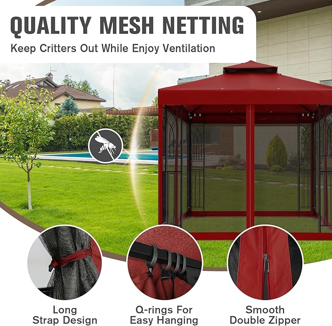 COOS BAY 8x8 Outdoor Patio Gazebo with Netting and Corner Shelves, Two-Tier Soft Top Canopy for Backyard, Lawn, Deck and Garden, Red