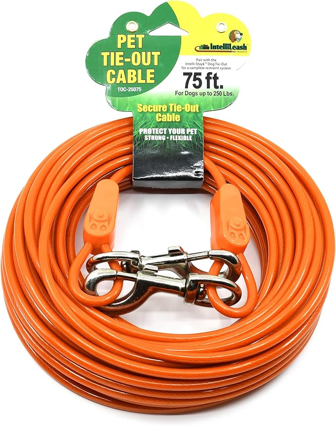 IntelliLeash 70FT Tie-Out Cables for Large Dogs - Strong, Safe, and Durable Dog Tie-Outs for up to 250 Pounds - Weather and Wear Resistant Galvanized Aircraft Cable for Outside Use