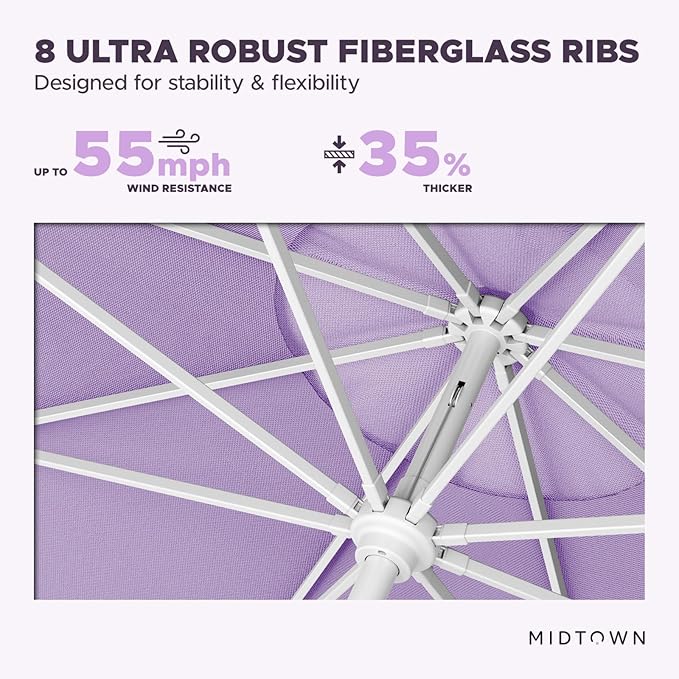 Midtown Umbrellas The Swilt 9 Feet Patio Umbrella in Terylast Midtown Purple Polyester Fabric - Fiberglass Ribs, Auto-Tilt Aluminum Frame For Backyard, Deck, Garden, Pool - White Pole