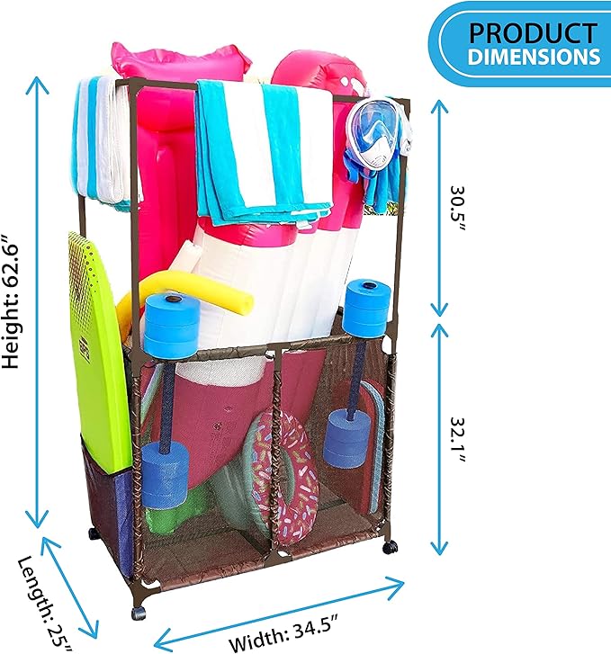 Essentially Yours Pool Equipment Holder with Towel Drying Bars, Mesh Rolling Pool Storage Organizer Bin, Extra Large with Towel Hanger, (34.5" W x 25" L x 62.6" H), Brown Style 418566