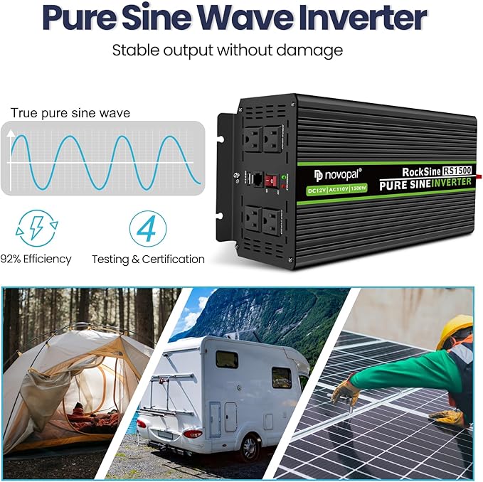 Novopal 1500W Pure Sine Wave Inverter, 12V DC to 110V/120V AC Car Power Converter, DC-AC Power Inverter with 4 Outlets, High-Power Interface，16ft Remote Control, LCD Display