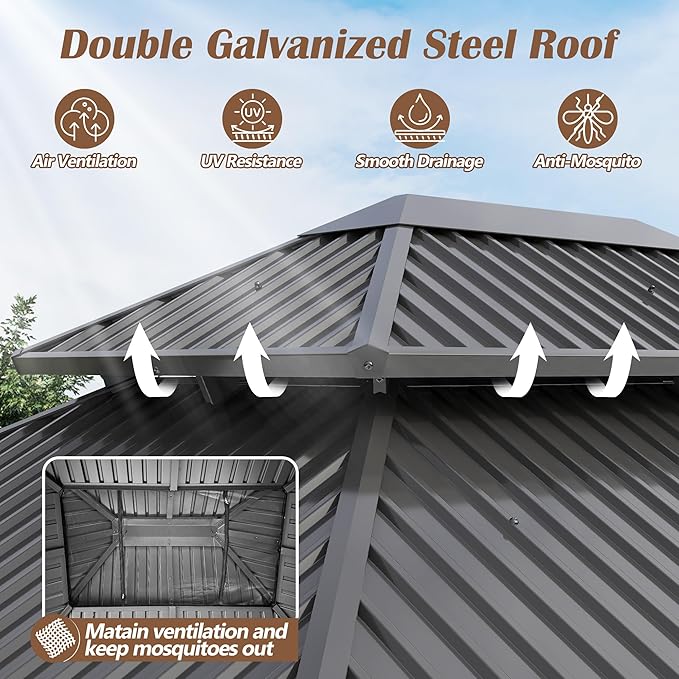 12 x 16FT Wood Gazebo, Wooden Frame Gazebos with Netting and Curtains,Outdoor Hardtop Gazebo with Wood Posts and Galvanized Steel Doule Roof for Lawn, Backyard Deck