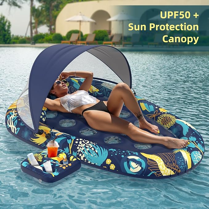 3-in-1 Pool Floats with Canopy Cup Holder, Large 73" x 48" Pool Floats Adults Heavy Duty, Inflatable Lounger Raft Floating Chair with Backrest, Swimming Pool Lake Beach Pool Party
