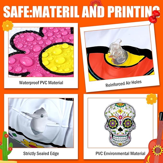 Jetec 6 Pcs 24 Inch Halloween Inflatable Sugar Skull Halloween Inflatable Blow Up Decorations Dia De Los Muertos Day of The Dead PVC Giant Sugar Skulls with LED Light for Mexican Fiesta Party Yard