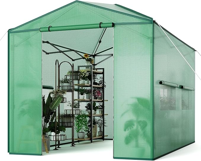 8x12FT Instant Pop-Up Walk-in Greenhouse, Plant Hot House with Galvanized Steel Frame, Green PE Cover, Roll-Up Zipper Door, Portable Large Plant Tent with Ground Pegs & Ropes for Stability
