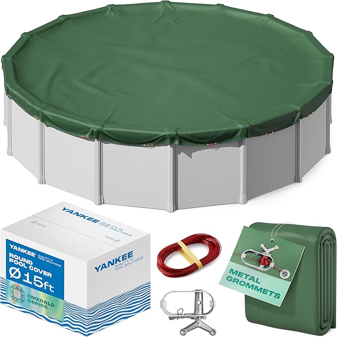 Yankee Emerald Series Pool Covers for Above Ground Pools | Round 15 ft Swimming Pool Cover w/Steel-Core Cable, Winch for Winterization | 9 mil Medium-Thickness for Off-Season, On-Season Protection