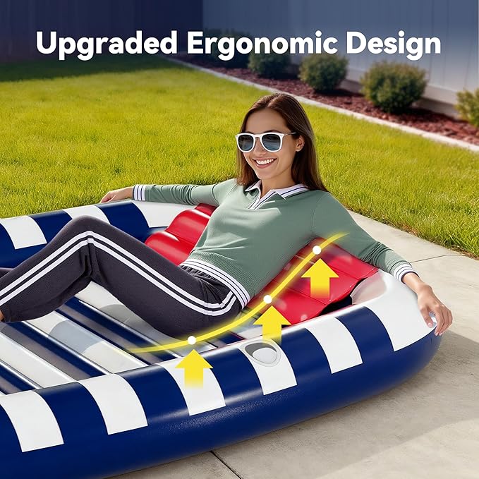 Pool Wave Inflatable Pool Lounger Floats W/Water Sprinkler, 80" x 66" Large Tanning Bed for Adult Kids, Outdoor Sun Bathing Floating Blow up Raft W/Pillow, Summer Beach Lake Family Party Gift - Blue