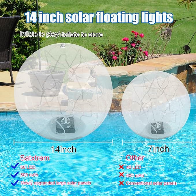 Solar Powered Floating Pool Lights - 14" Inflatable Waterproof Floating Light UP Pool Glow Balls, 3000K Warm-White Led Pool Lights That Float for Party Decorations, Outdoor Patio Detor (2)