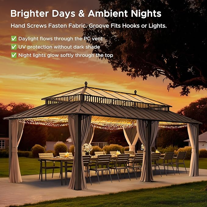 SUNJOY Kingston 20' x 12' Hardtop Gazebo with Galvanized Steel/Polycarbonate Double Roof, Curtain and Netting, Brown Aluminum Posts Permanent Pavilion Gazebo for Garden, Patio, Deck, Lawn