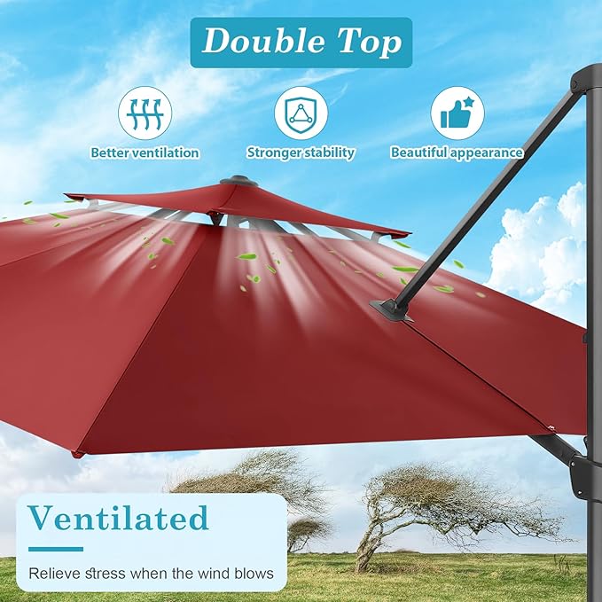 HOTIME10x10ft Patio Umbrella Cantilever Umbrella Double Top - Upgrade and Intensify - 360 Rotation and 5 Angles Adjustment - Aluminum Offset Pool Umbrella Outdoor Umbrellas for Patio Garden Deck Pool