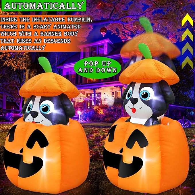 5 FT Halloween Inflatables Animated Dog On Pumpkin Outdoor Decorations Blow Up Yard with Built-in LEDs, Halloween Blow Up Outdoor Decor for Indoor Party Outdoor Garden Lawn