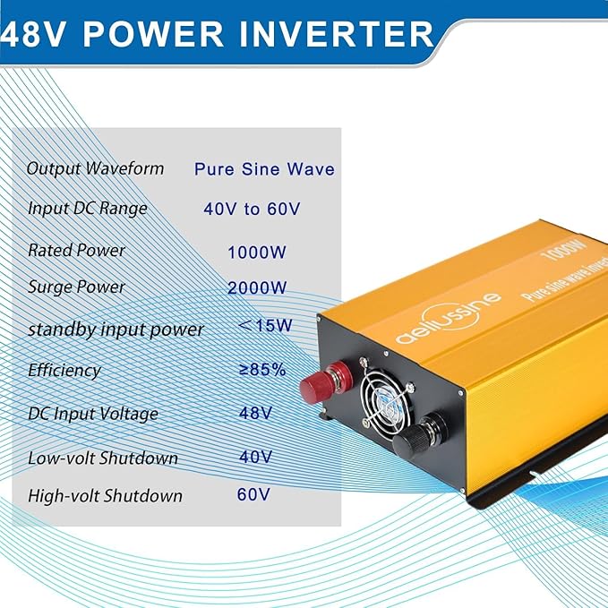 1000W Pure Sine Wave Inverter-48V DC to 110V 120V AC Power Converter with 2 AC Outlets, 48 Volt Power Inverter for Truck, Rv, Camping, Home