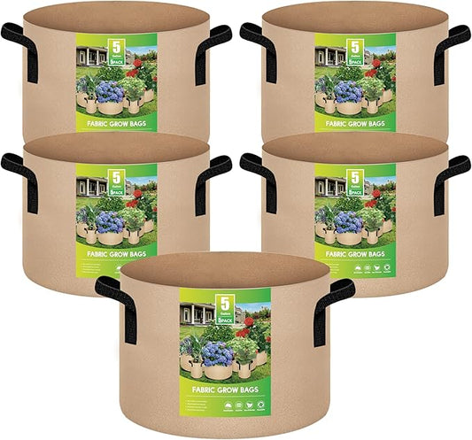 iPower 5-Pack 5 Gallon Plant Grow Bags Thickened Nonwoven Aeration Fabric Pots Heavy Duty Durable Container, Strap Handles for Garden, Tan New