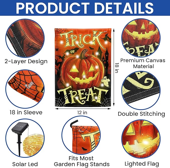 FLAGWIX Halloween Garden Flag - Solar Flag Light for Garden Decor 11.5"x17.5" - Fall Garden Flags for Halloween Decorations, Pumpkin Yard Flags for Fall Outdoor Decor, Outside Decorations for Yard
