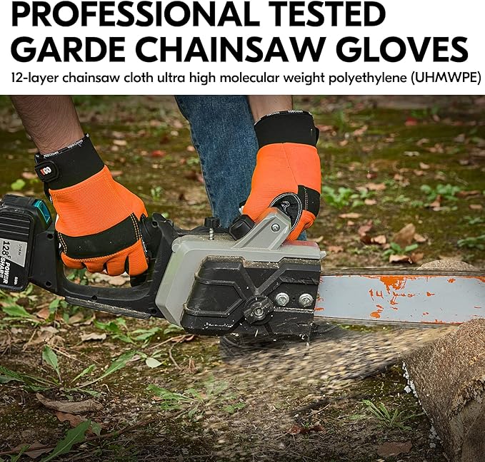 Vgo... Chainsaw Gloves, 12-Layer Chainsaw Protection on Both Hand Back, leather Work Gloves, Mechanic Gloves