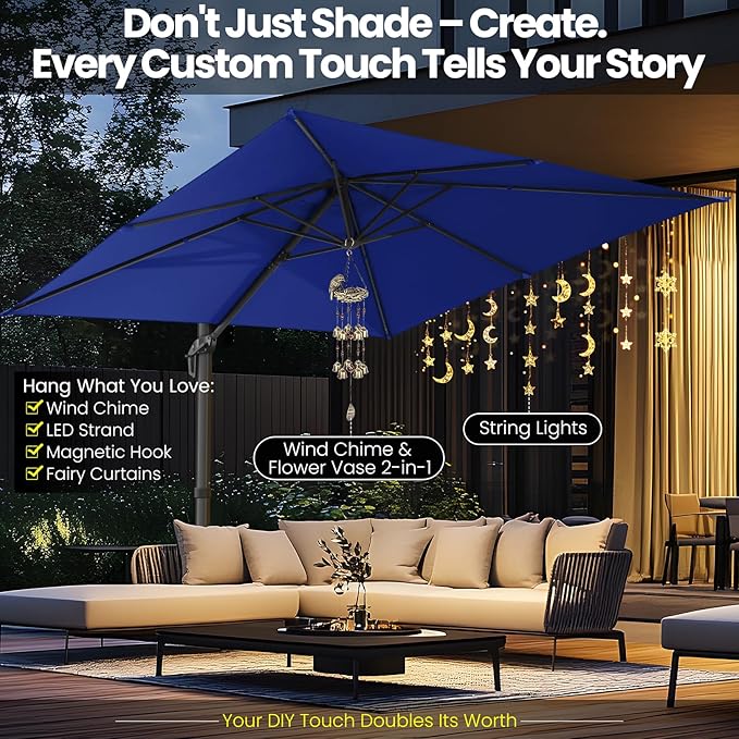 Hotime 10ft Patio Umbrella Outdoor Patio Windproof and Height adjustable, Heavy Duty Aluminum Square Offset Patio Umbrella Cantilever Pool Umbrella with 360°Rotation for Garden Deck Pool, Dark Blue