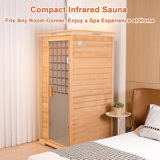 1-Person Home Infrared Dry Sauna Cabin 1600W/110V – Canadian Hemlock Wood, Tempered Glass Door, Red-Light Therapy & Bluetooth Speaker, Easy DIY Assembly, Size 37.1″×35.8″×74″
