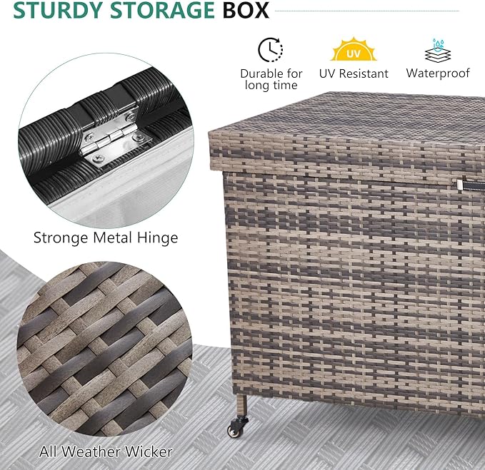 AVAWING 240 Gallon Wicker Deck Box, Outdoor Storage Box with Portable Wheels and Handles, Waterproof Patio Rattan Container for Garden, Balcony, Yard (Grey)