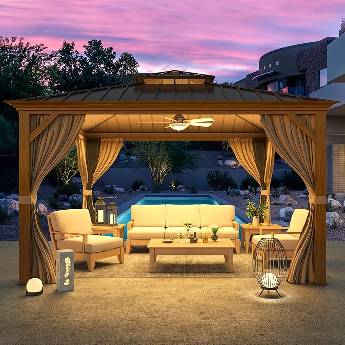 YOLENY 12'x12' Hardtop Gazebo, Wooden Finish Coated Aluminum Frame Canopy with Galvanized Steel Roof, Outdoor Metal Gazebos with Curtains and Nettings for Patio, Backyard, Deck and Lawns