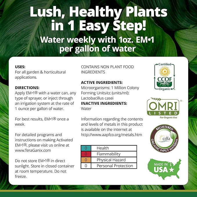 TeraGanix EM-1 Plant Growth, Microbial Inoculant Concentrate (1 Btl = 128 Gal), Soil Conditioner, Root Enhancer, Liquid Probiotic for Soils & Plants, Seed Germination, Garden, Lawn Care (1 Gallon)