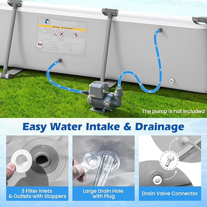 GYMAX 10' x 6.8' x 26" Metal Frame Above Ground Swimming Pool, Outdoor Backyard Famliy Pool w/Puncture-Resistant Fabric, Drainage Valve Connector for Kids & Adults (10' x 6.8' x 26", Rectangle, Grey)