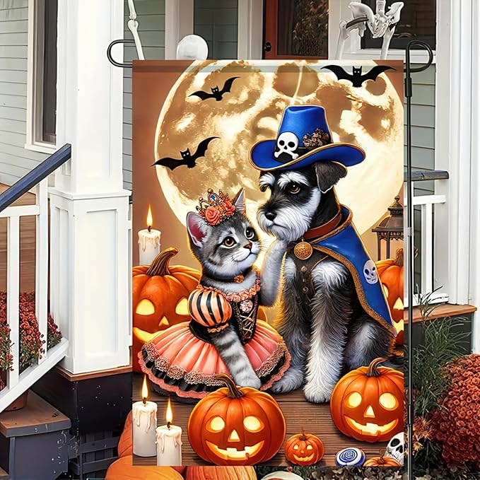 Halloween Garden Flag 12x18 Flag Dog Cat Flag Halloween Schnauzer Cat Fairy Pirate Costumes Pumpkins And Full Moon Cute Welcome Garden Flag Patio Lawn Farmhouse Outdoor Party Supplies