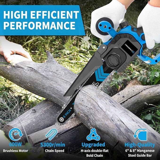 Cordless Mini Chainsaw, 8 inch & 6 inch Portable Handheld Chain Saw with 2 X 4.0Ah Battery, 4 Chains 4 Guide Plates, LED Indicate, Brushless Electric Chainsaw Using for Tree Trimming, Garden Pruning