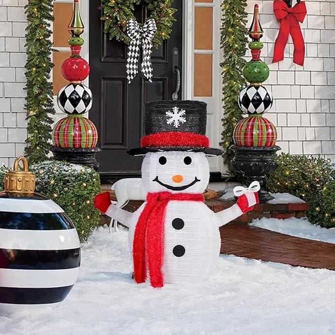 Christmas Standing Light-Up Snowman Decoration Features a Santa hat and Gift Box, Battery Operated Light-Up Christmas Decorations for porches, lawns, Yards, Indoor and Outdoor (2.75 Ft)